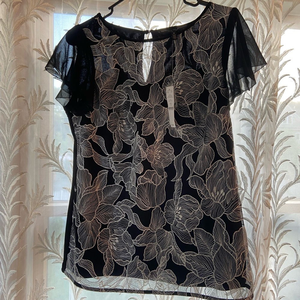 Embroidered black and white flutter sleeve